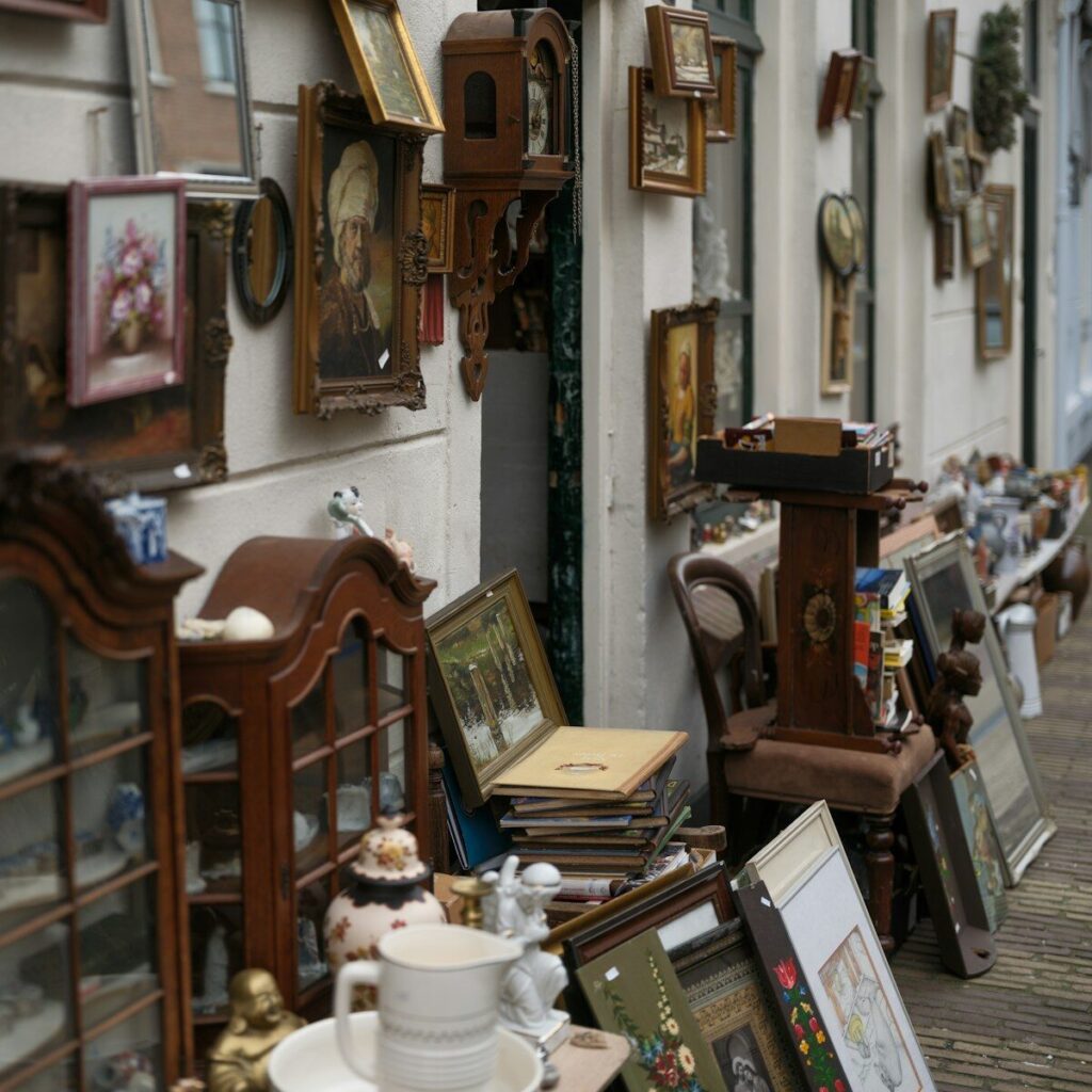 A street market sells vintage items and antiques.